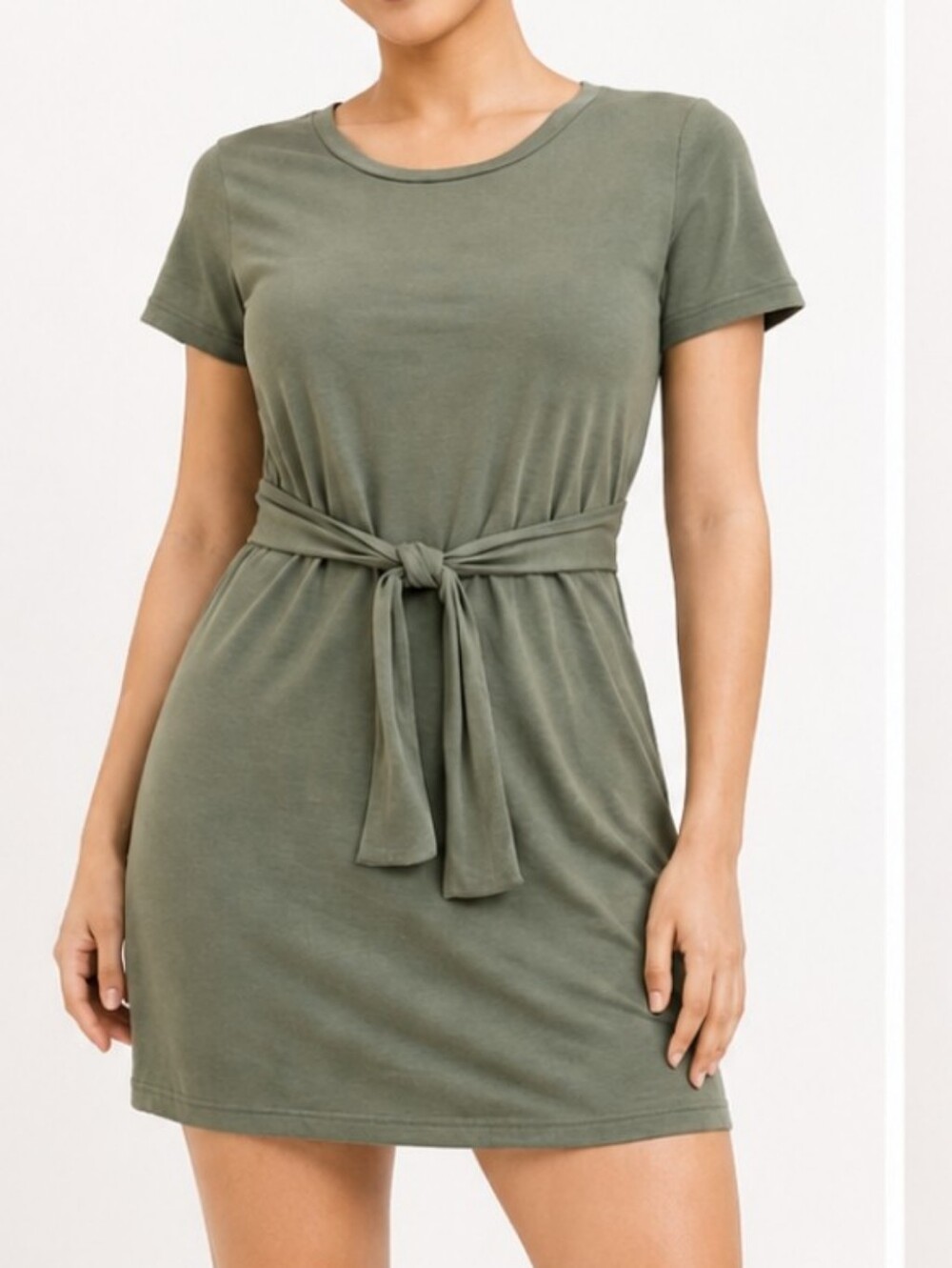 Dakota by Steve Madden Olive Green Tie Waist T-Shirt Dress - Picture 1 of 4